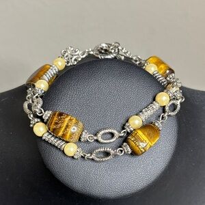 Silver Brown Tigers Eye Layered Beaded Bracelet Stone